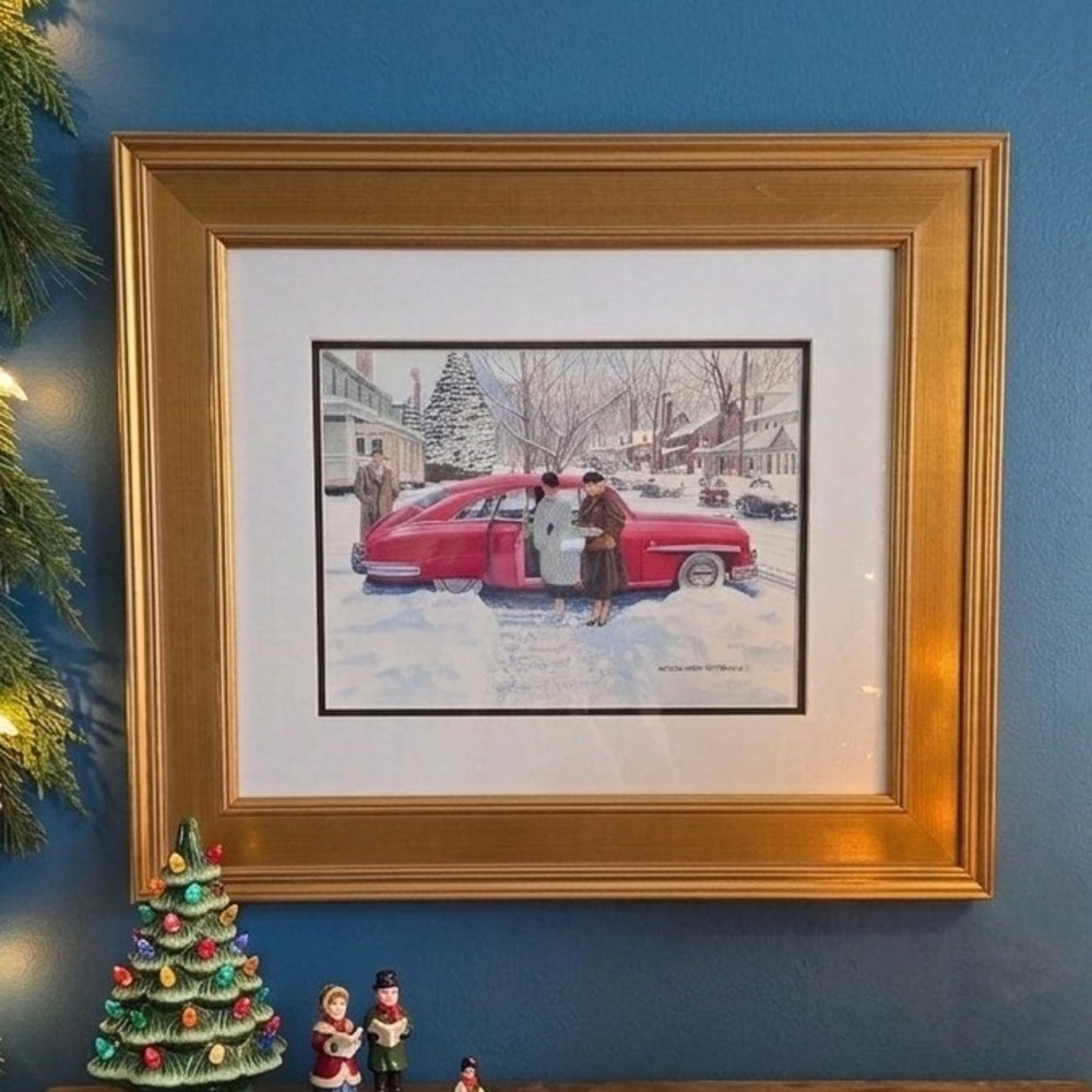 Ken Eberts Original 1949 Lincoln Cosmopolitan Red Car Winter Scene Gold Frame